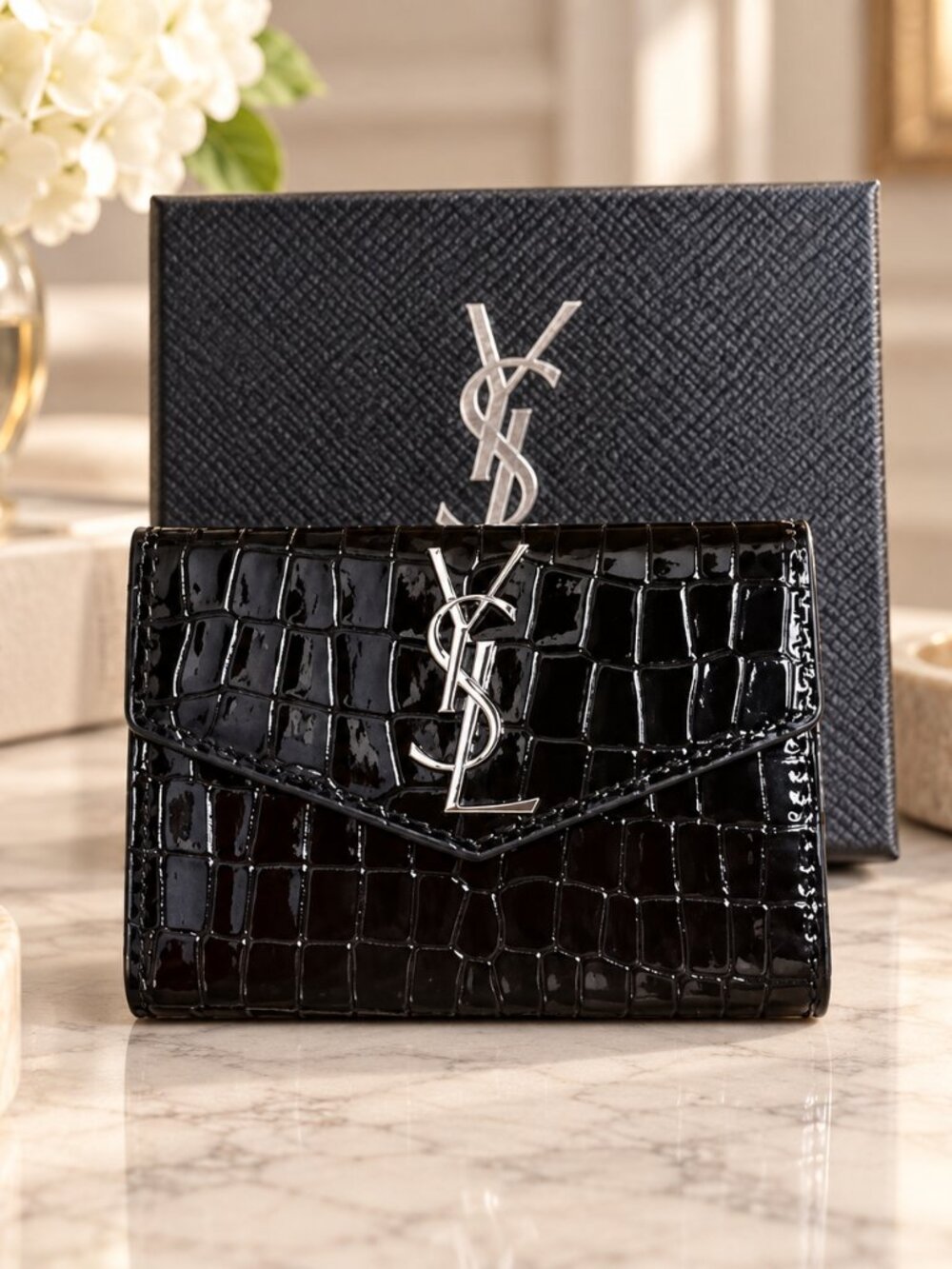 Black Croc Embossed Patent Look Envelope Wallet Silver Tone Hardware